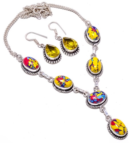 Mosaic Balloon Jasper & Citrine Antique Design Necklace Set M1596 - Picture 2 of 5