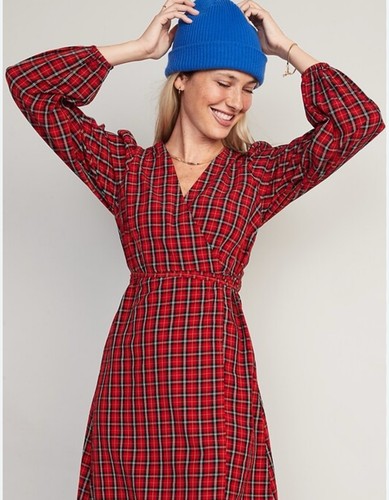 Old Navy rotes Puffärmel Schottenkaro Wickelkleid XL Weihnachten Preppy - Bild 3 von 17