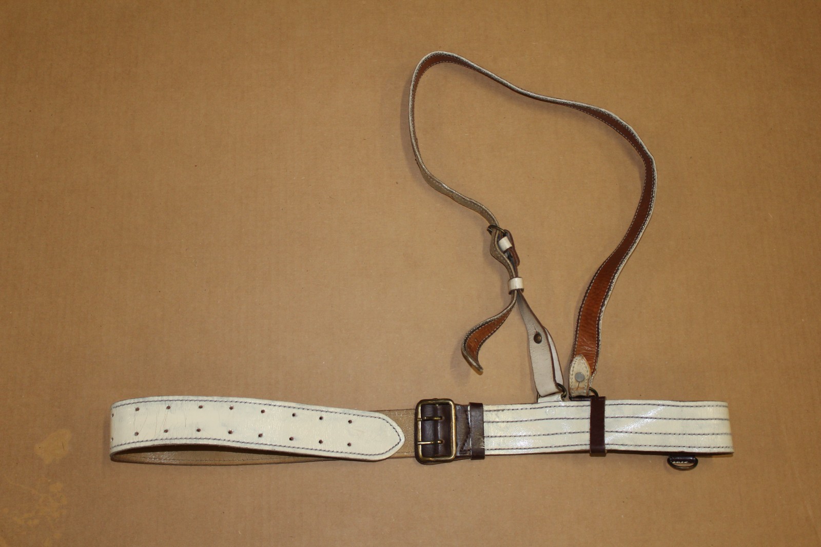 1 White leather military pistol belt cross strap sam browne  #u12