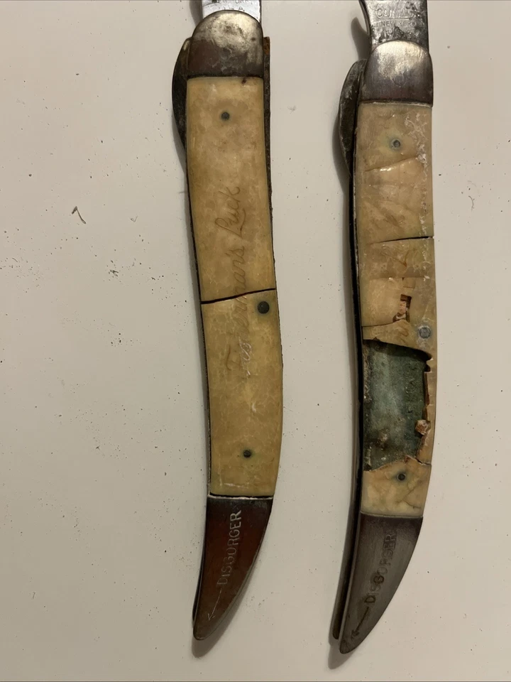 Lote 2 facas grandes vintage Camillus EUA Yellow Delrin 5 pesca com afiador de gancho - Imagem 2 de 4