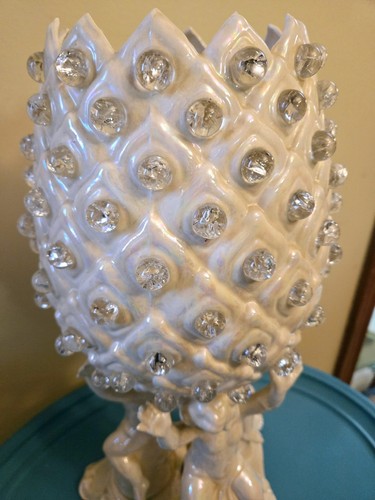 Vintage MCM Mid Century Modern Engel Cherub Ananas Lampe opalisierende Perlen - Bild 2 von 13