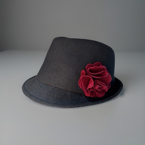 Vintage Black Wool Fedora Hat Red Flower Accent Felt Dressy Retro Pinup Unisex - Picture 2 of 9