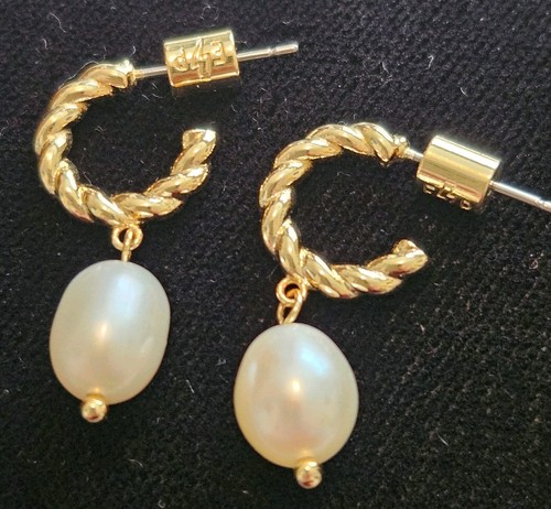 Pretty Goldtone Dangle Drop Real Pearl EARRINGS