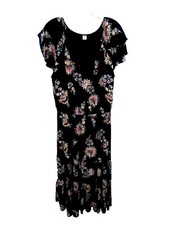 Old Navy Women's Double Ruffle Short Sleeve Maxi Black Flora Print Dress Size L