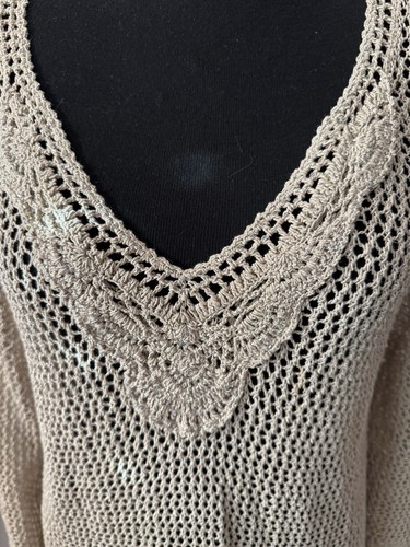 Tommy Bahama XL hellbraun Häkel transparent V-Ausschnitt Pullover Tunika Strick Top mit Glitzer Perlen - Bild 2 von 8