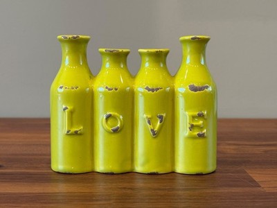 Four Part Connected Small Bud Vase Yellow Green LOVE 5'' x 4'' x 1¾''