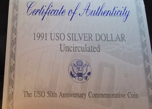 1991-D USO 50th Anniv United Sev USA Dollar Box & COA - 90% Silber 0,77 Unzen Münze - Bild 7 von 7