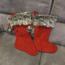 Red Cable Knit Christmas Stocking with Faux Fur Trim