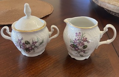 Vintage Bernadotte Violet White Embossed Porcelain Creamer & Sugar Set