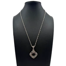 Vintage Black Onyx Marcasite Sterling Silver Pendant 18" Necklace Twisted Chain