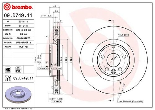 2x BRAKE DISC 09.D749.11 FOR LAND ROVER RANGE/VELAR PT204 2.0L 204DTY 2.0L 4cyl - Picture 2 of 7
