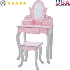 Kids Vanity Table W/ Mirror Storage Hair Accessories Play Makeup & Jewelry New