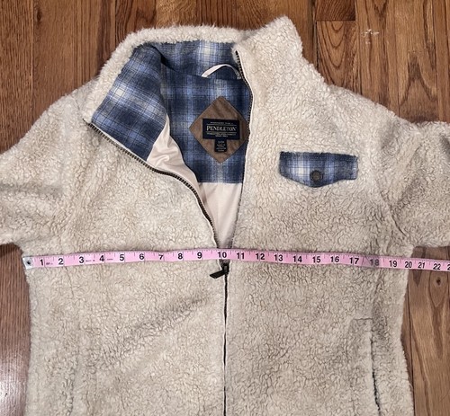 Pendleton Teddy Sherpa Jacket Coat Full Zip Cream Beige Fuzzy Fleece S Plaid - Picture 5 of 9