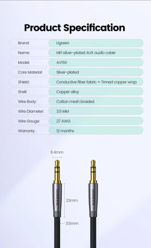 Ugreen HiFi AUX Cable 3.5mm Audio Speaker Braided Cable Silver-Plated. 0.5m - 3m - Picture 9 of 9