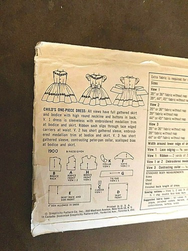 Simplicity 1900 ©1956 Child's One Piece Dress Full Gathered Skirt Sz 2 Breast 21 - Picture 6 of 7