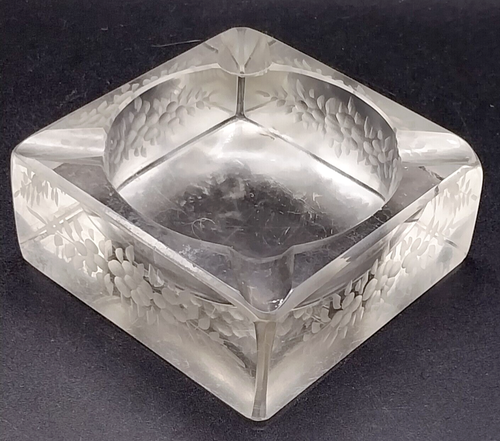 Vintage Leaded Crystal Glass Square Ashtray Clear Cut Etched Floral 4" Art Deco - Picture 2 of 7
