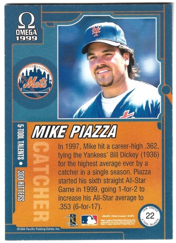 1999 Pacific Omega 5-Tool Talents - Mike Piazza - #22 - New York Mets - NrMt - Picture 4 of 4