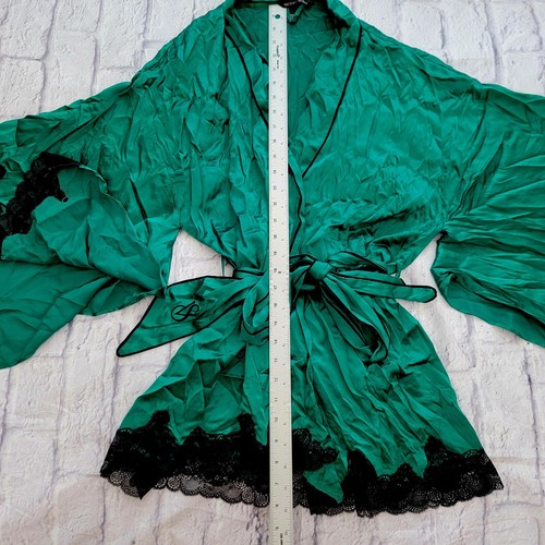 Victorias Secret Silk Holiday Emerald Green Robe Bell Sleeves Black Lace Wrap OS - Picture 9 of 10