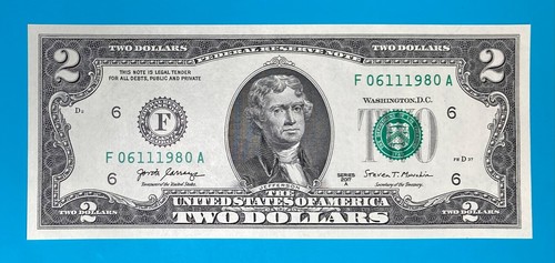 June 11, 1980 / 6 November 1980 (F 06111980 A) BIRTHDAY $2 Two Dollar Bill *UNC* - Picture 2 of 4