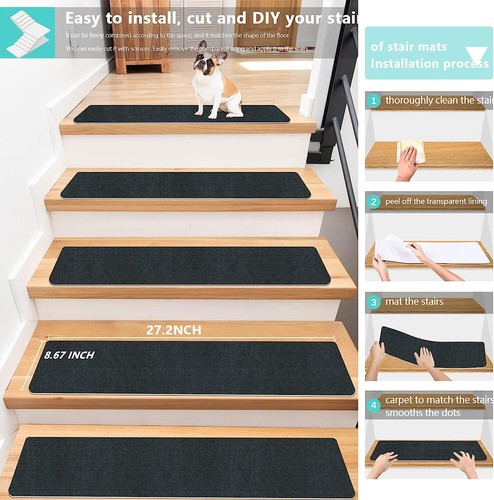 Stair Treads for Wooden Steps Indoor Stair Treads Rugs (8.6"x27.2",15Pack,Black) - Picture 3 of 5