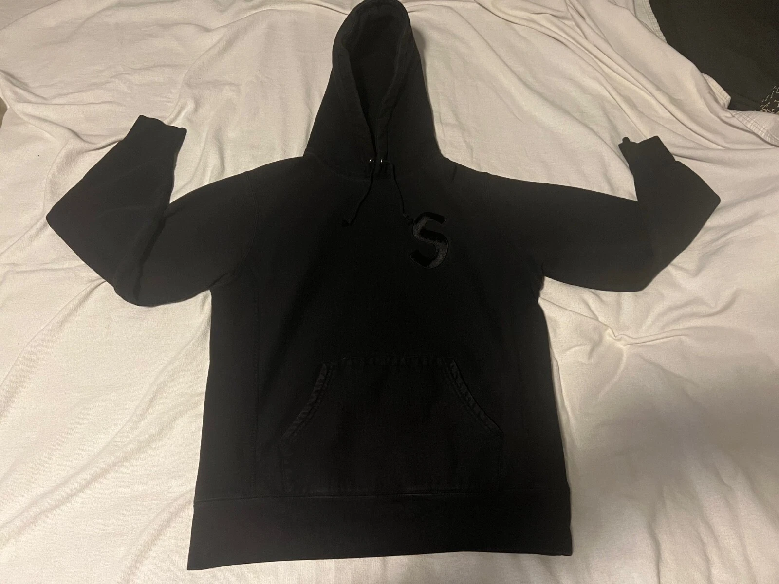 Supreme_Logo S brodé_Lourd_Épais_Noir_Hoodie_Sweatshirt_Homme_Taille Medium