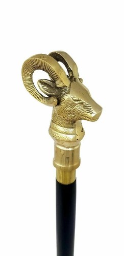 37"Antique Brass Goat Head Handle Vintage Black 3 Fold Wooden Walking Stick Cane - Picture 4 of 6