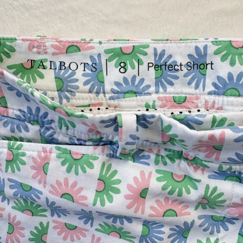 Pantalones Cortos Talbots Mujer 8 Azul Rosa Geométrico Floral 7" Bermudas Algodón Elástico Foto 2 de 4