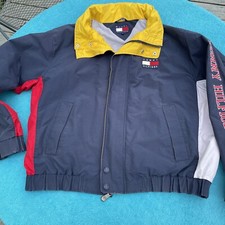 Vtg Tommy Hilfiger Spellout Colorblock Windbreaker Jacket w Hood XL 1990s Flawed