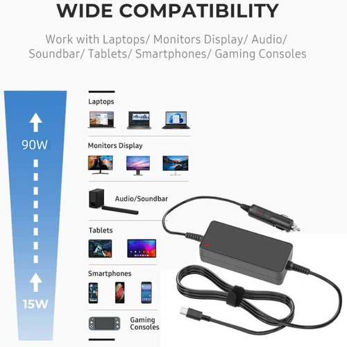 Car/Vehicle/Boat 90W Laptop Mains Charger USB-C Type C Power Adapter Supply Cord - Picture 4 of 12