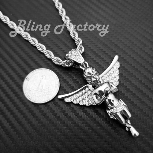 Stainless steel Iced Baby Angel Cubic Zirconia Pendant 24" Rope Chain Necklace - Picture 7 of 11