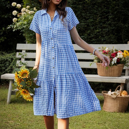 Women Plaid Check Shirt Dress Short Sleeve Summer Beach Button Down Midi Dresses - Picture 27 of 30