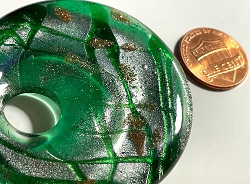 ONE Large Heavy Green Copper Silver Dichroic Glass Jewelry Pendant 50mm 2" P12 - Picture 6 of 6