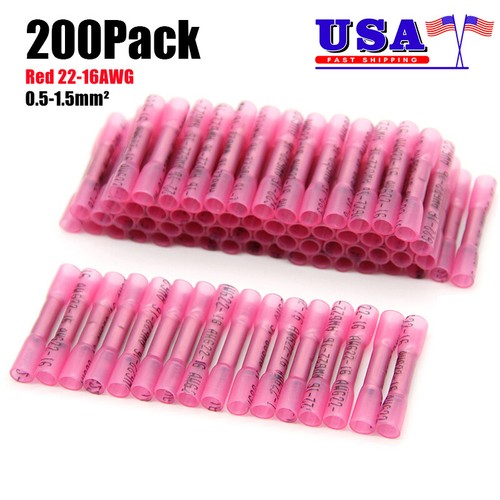 200Pcs Red Heat Shrink Butt Wire Connectors Crimp Terminals AWG 22-16 Gauge - Picture 1 of 10