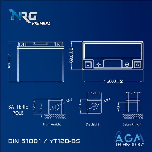 NRG YT12B-BS AGM Motorradbatterie 12Ah 12V 240A/EN 51001 YT12-B4 GT12B-4 CT12B-4 - Bild 5 von 5
