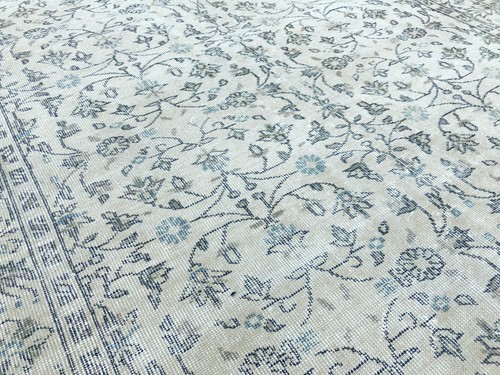 GREEN VINTAGE FADED DISTRESSED HAND KNOTTED OUSHAK  HANDMADE TURKISH AREA RUG - Picture 11 of 13