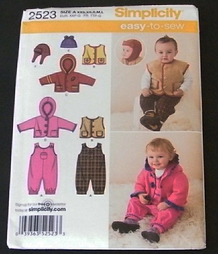 Simplicity Patterns 2523 Easy To Sew Baby Overalls Jacket Vest Hats Sewing - Picture 1 of 10