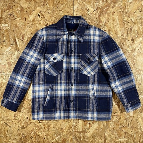 Vintage 70s Sears Fur Lined Thick Flannel Jacket Blue White Yellow Size XL