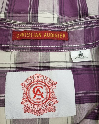 Christian Audigier Mens Shirt Size 2X Short Sleeve Button Plaid Check Purple - Picture 7 of 9