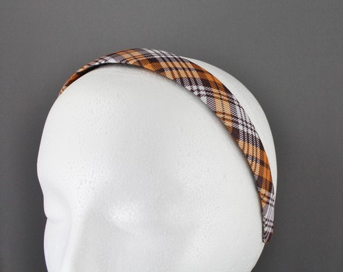 Orange Brown White plaid headband 1 1/8" wide tartan fabric covered hair band - Picture 4 of 9