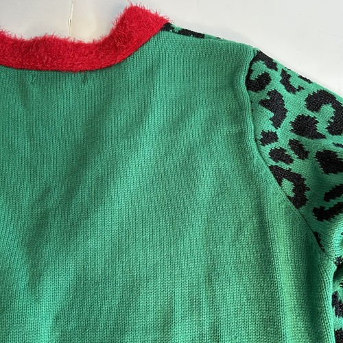 Ugly Christmas Cat Sweater Cardigan Womens Large Green Leopard Print Sequins 3D - Picture 10 of 15