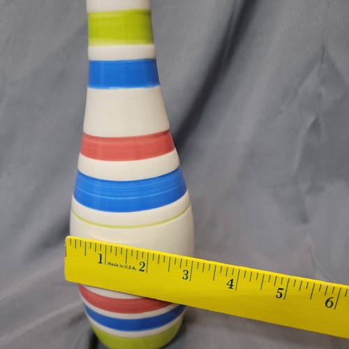 Vintage Bowling Pin Ceramic Vase Red/Blue/Green Striped Hand-painted 10” - Picture 5 of 7