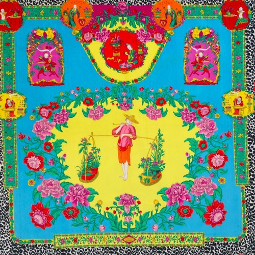 GIANNI VERSACE velvet fabric panel The Chinese Gardener print yellow 55" - Picture 3 of 12