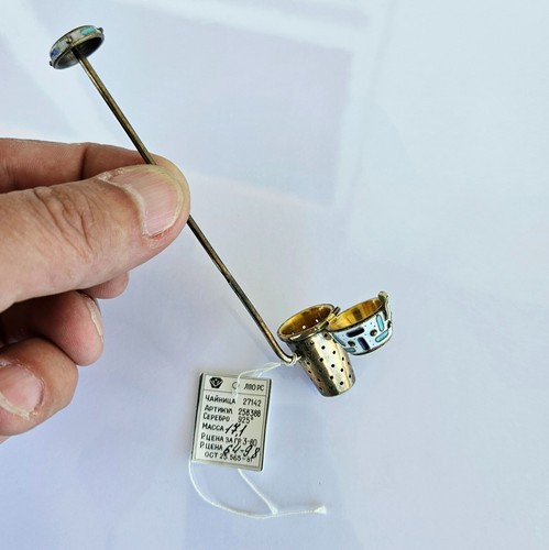 Tamiz de cuchara colador de té colador de té ruso de plata de ley 925 y esmalte cloissone de colección - Imagen 6 de 12
