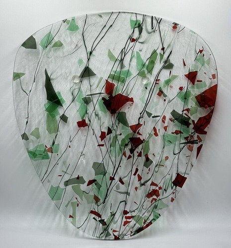 Fused Fractured Art Glass Large Plate Serving Platter Abstract Red Green Holiday - Picture 5 of 9