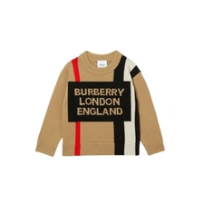 Burberry Kids Beige Logo Striped Long Sleeve Wool Sweater Girls Boys Size 10