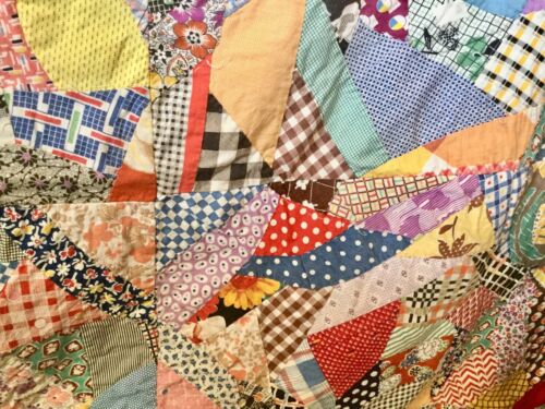 VTG QUILT CRAZY FEED SACK CHEERFUL MATERIALS HAND-PIECED 48" X 58" TERRIFIC COND - Picture 9 of 12