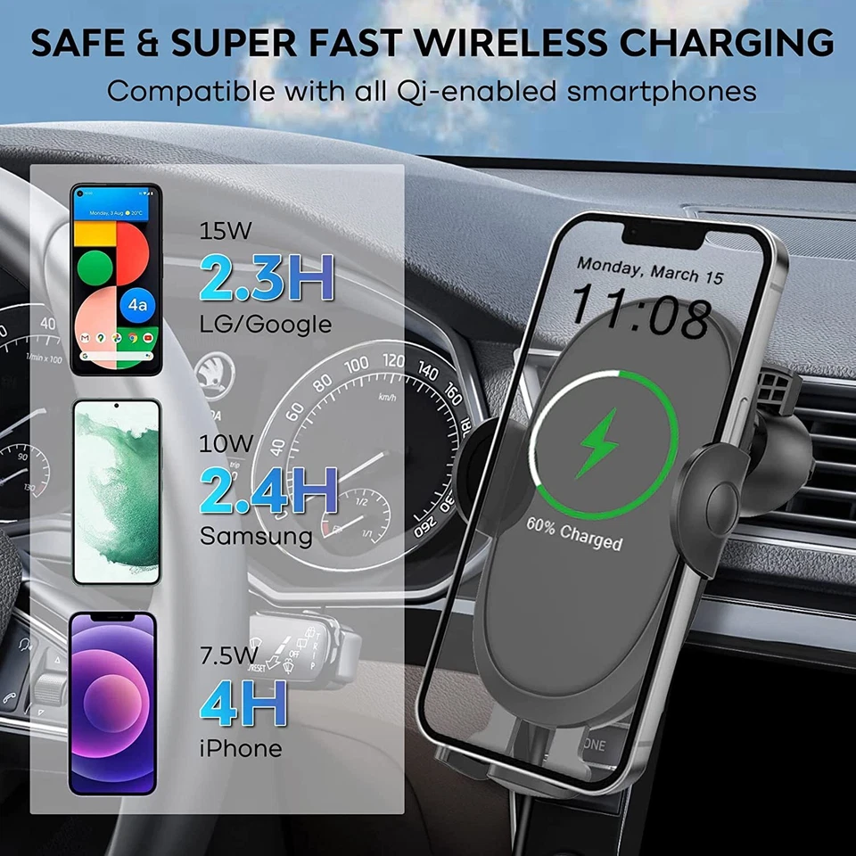 Cargador de coche inalámbrico 2 en 1 montaje de carga rápida sujeción automática soporte de teléfono Foto 4 de 4