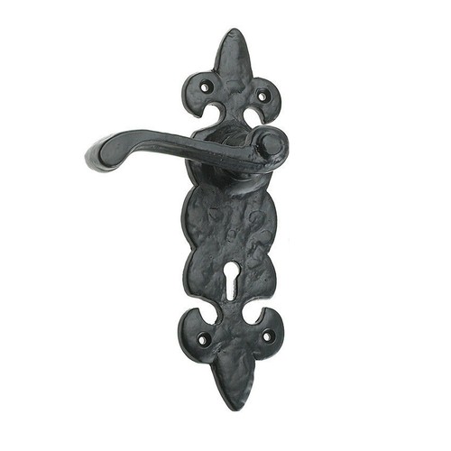 Schwarz Antik Tudor Fleur de Lys verziert Türgriff Hebel Schloss Set mit Befestigungen - Bild 6 von 6