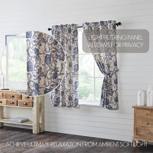 Blue Floral Curtains Country Farmhouse-Style 2 Lined Panels w/ Tie Backs Dorset - Picture 9 of 16