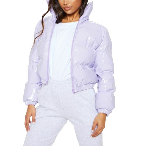 Women's Cropped Puffer Jacket Long Sleeve Stand Collar Zip Up Quilted Puffy Coat - Picture 56 of 60